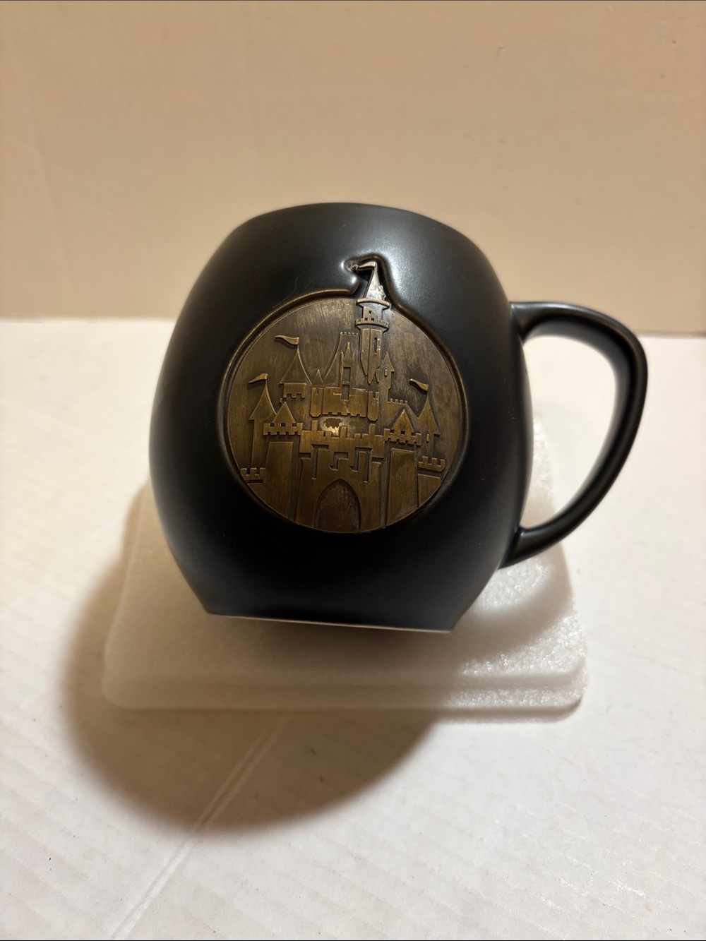 Disney parks, black matte, sleeping beauty, castle bronze metal mug, 21 ounces
